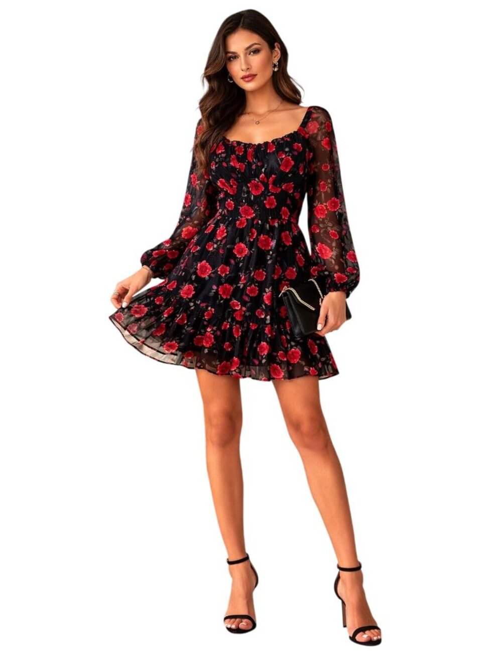 Altard State Floral Puff Long-Sleeve Mini Dress XS Black & Red